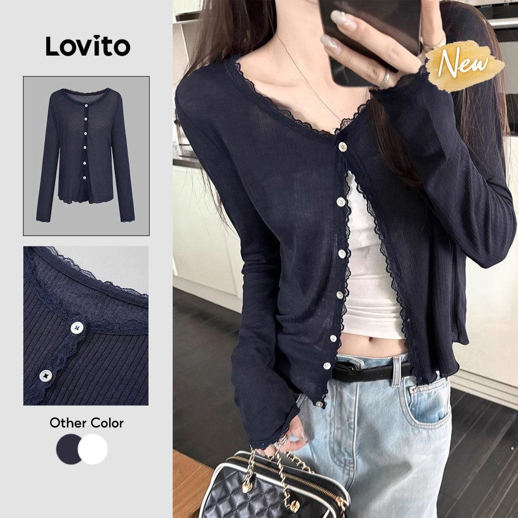 (New Arrival) Lovito Áo Cardigan Nữ Cổ V Tay Dài Thường Ngày Màu Xanh Đậm Mùa Xuân Hè Cuối Tuần CDNS150TX315