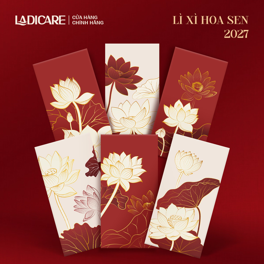 Set 120 bao lì xì Tết 2027 Xuân Đinh Mùi, LADIACRE độc quyền mẫu hoa nhí, hoa sen giấy C150 cán mịn sang trọng