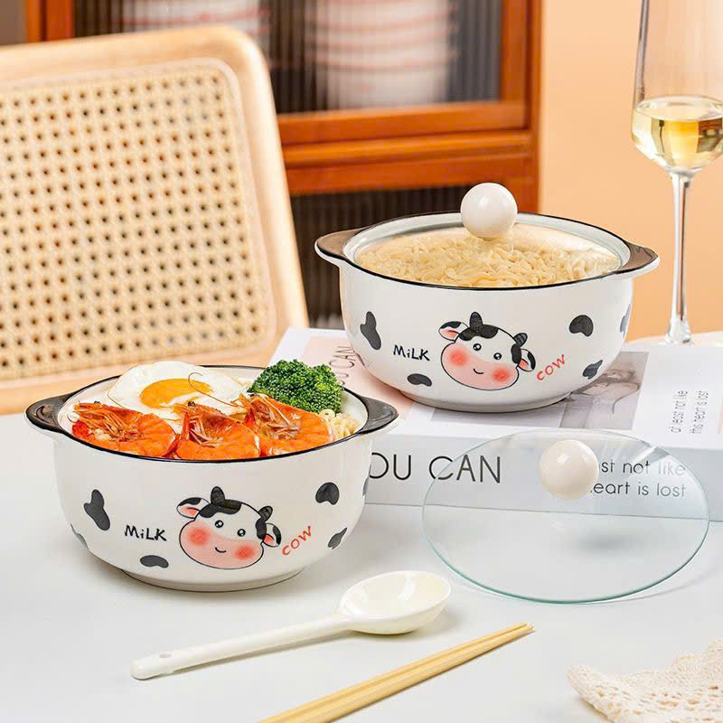 Tô Sứ Hình Bò Sữa 800ml Có Nắp – Tô Ăn Mì, Tô Cơm, Tô Cháo Dễ Thương, Giữ Nhiệt Tốt, An Toàn Lò Vi Sóng