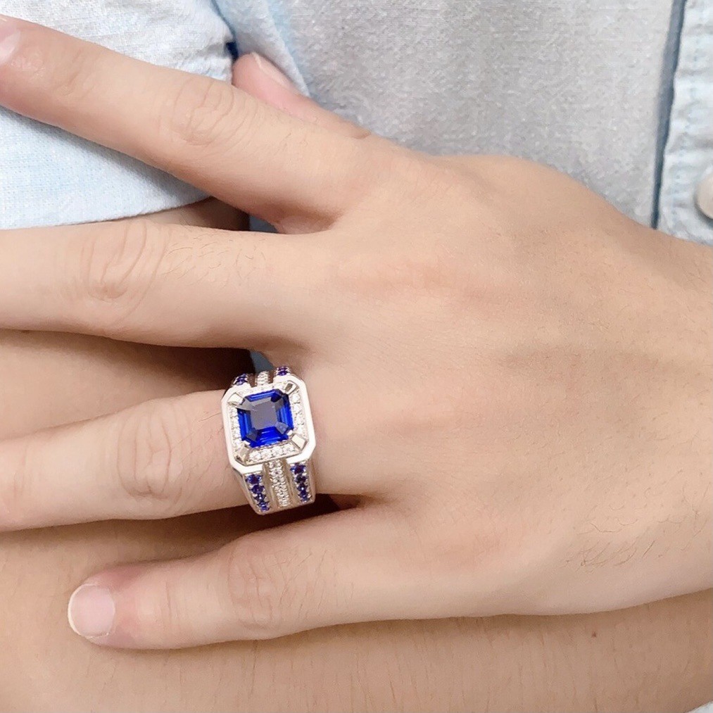 Nhẫn Kim Cương Zircon Hợp Kim Bạc Phong Cách Kẻ Sọc Xanh Vuông