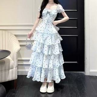 Đầm dài dáng ôm eo, cổ vuông kiểu Pháp, họa tiết chấm bi trái tim, màu cam, dành cho nữ mùa hè