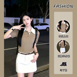 Bộ Áo kiểu cổ điển mùa xuân, cổ POLO, dệt kim, tay ngắn ôm dáng và chân váy ngắn cho Nữ mùa Hè