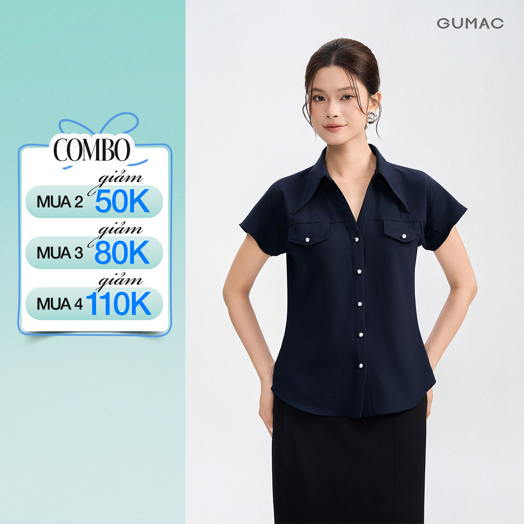 Áo Sơ Mi Nữ Tay Ngắn GUMAC Cổ Xẻ V Túi Nắp Nút Kim Loại Lụa Rũ Cao Cấp AG05013