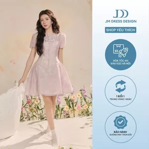 Đầm đè dây nơ ngực, nhún sườn họa tiết 1R07.2503OG, váy tơ mềm chiết eo dáng xòe bồng nữ tính đáng yêu thiết kế bởi JM