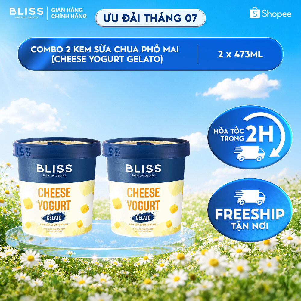 [Hỏa tốc HN/HCM] Combo 2 Kem BLISS Premium Gelato vị Sữa Chua Phô Mai (Cheese Yogurt Gelato) hộp 473ml