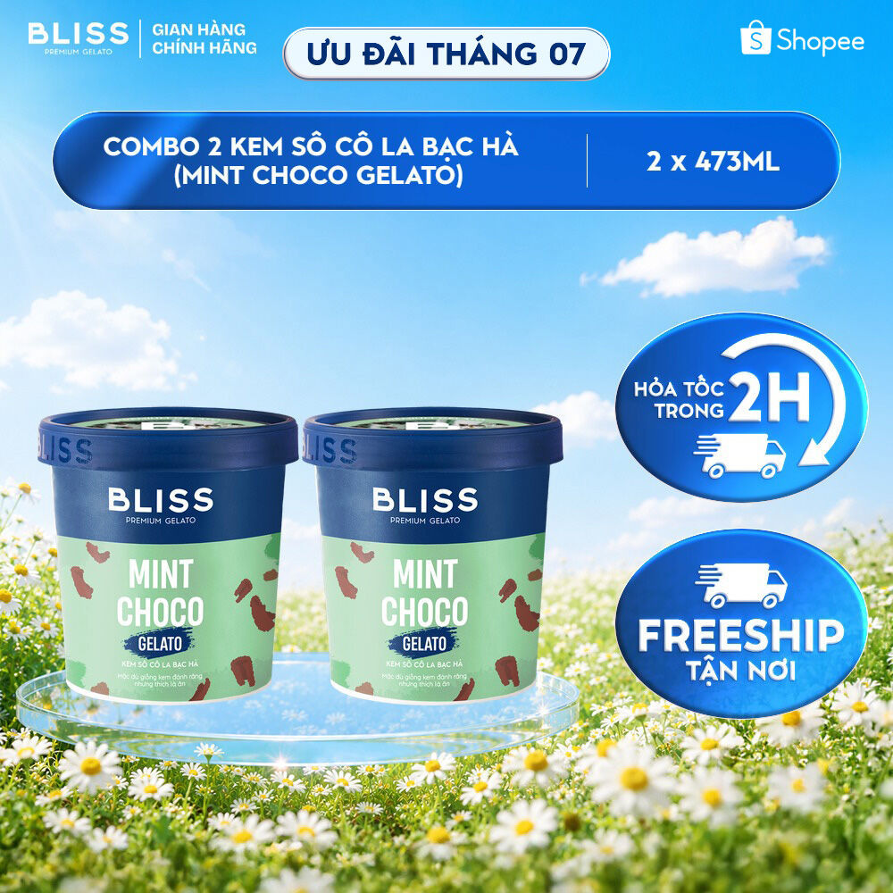 [Hỏa tốc HN/HCM] Combo 2 Kem BLISS Premium Gelato vị Sô Cô La Bạc Hà (Mint Choco Gelato) hộp 473ml