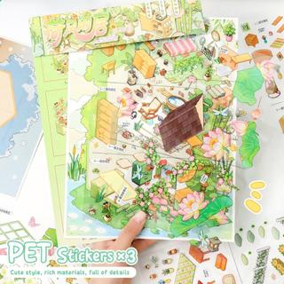 ENWEI 5 Cái [Dòng tranh nhà ổ chuột mùa xuân] Nhãn dán phong cảnh Lotus Breeze Retreat Osmanthus Fragrant House Oversized Pine Snow Warm Lodge Trang trí nhật ký