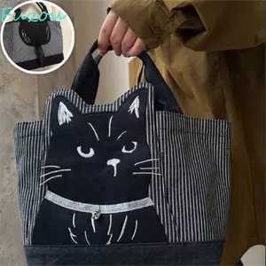 Túi dạy kèm tay cầm hàng đầu FUJIZOU, Túi xách Tote mèo thêu hoạt hình, Túi xách nữ vải sọc lưu trữ dung tích lớn di động