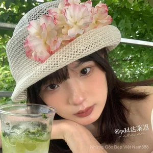 Taoyao Blossoming ~ Mũ Rơm Hoa Dệt Tay Uốn Mũ Du Lịch Mùa Hè Kỳ Nghỉ Chống Nắng Mũ Chống Nắng