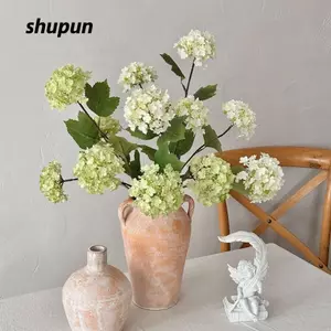 SHUPUN Cây giả nhân tạo, Lá xanh nhánh hoa cẩm tú cầu nhân tạo, 3 đầu cắm hoa giả