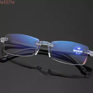 Kính mắt lão thị WEETW, Kính mắt quang học Kính đọc sách nam siêu nhẹ, Khung vuông hợp thời trang Công suất ống kính không khung + 100 đến + 400 Kính chống ánh sáng xanh dành cho người cao tuổi