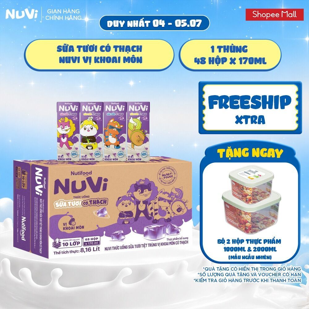 Thùng 48 Hộp NuVi Thức Uống Sữa Tươi Tiệt Trùng Vị Khoai Môn Có Thạch 170ml