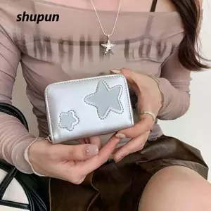 Ví ngắn SHUPUN, Nhiều khe cắm thẻ Túi đựng tiền xu có dây kéo dung tích lớn, Hộp đựng thẻ tín dụng PU ngôi sao bạc dễ thương dành cho nữ Cô gái