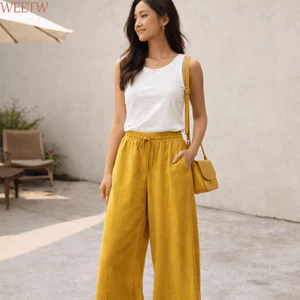 Quần thường ngày WEETW, Quần ống rộng ống thẳng, mùa hè mỏng phong cách cổ điển Quần rộng eo cao mùa hè
