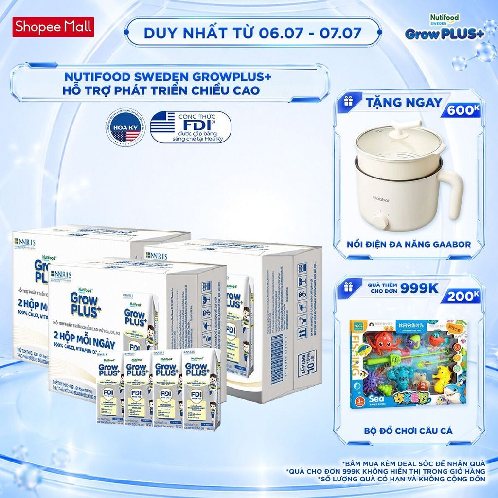 Combo 3 thùng 24 hộp Sữa Bột Pha Sẵn Nutifood Sweden GrowPLUS+ Cao lớn vượt trội 180 ml
