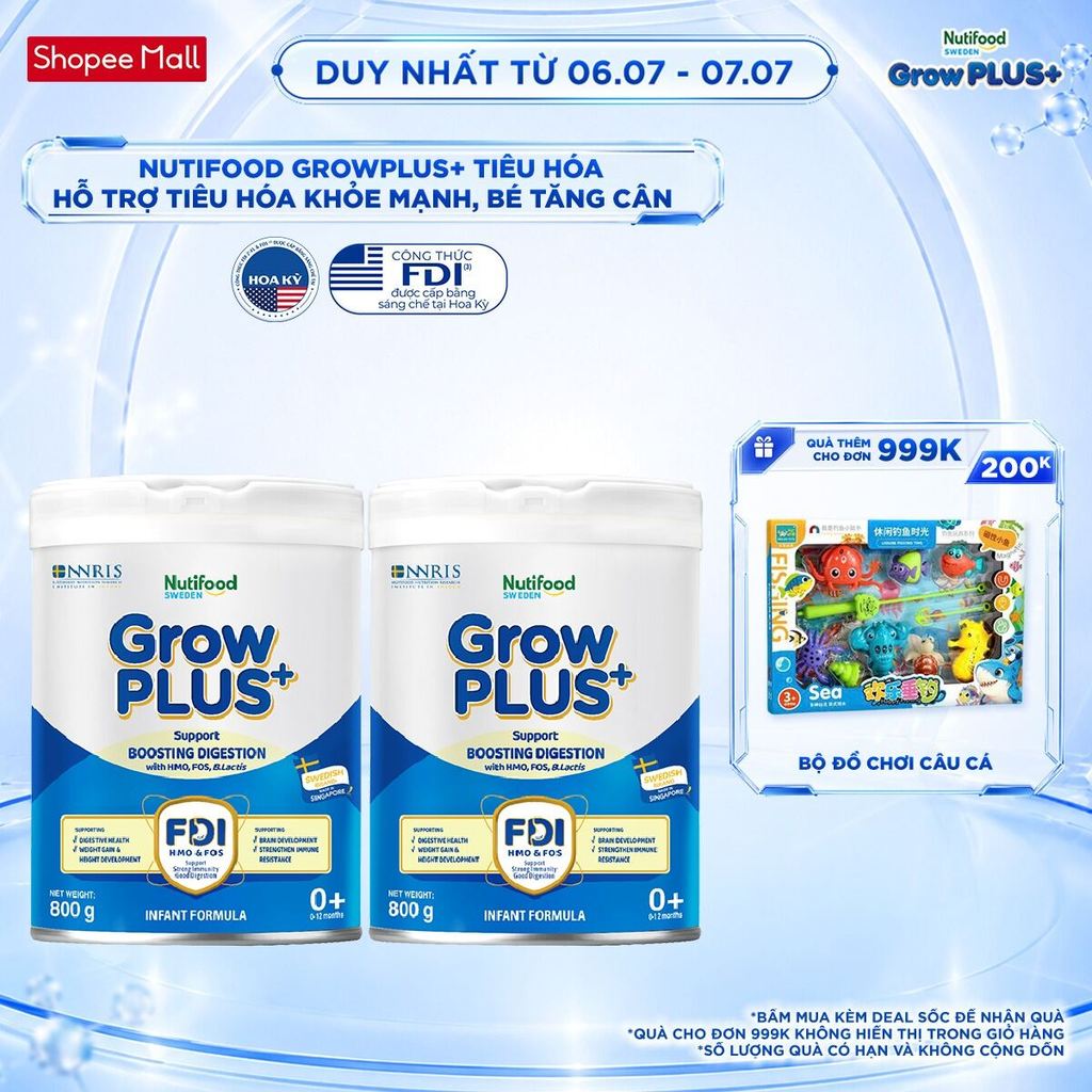 Combo 2 Sữa bột Nutifood Sweden GrowPLUS+ Tiêu Hóa (Xanh Nhạt) 0+ - Tiêu hóa khỏe, tăng cân (Lon 800g)