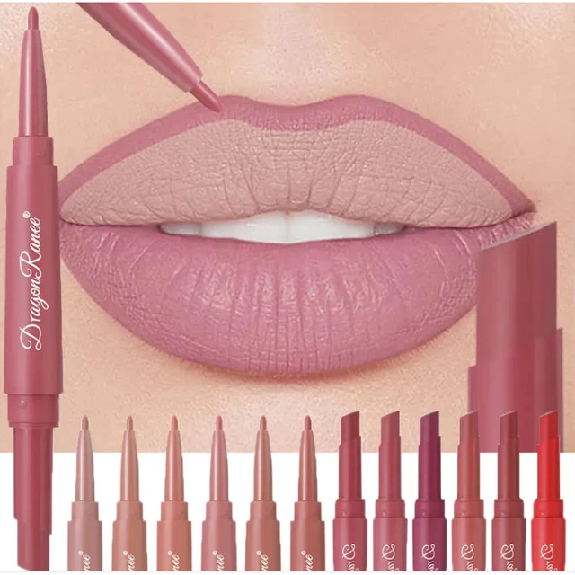 DragonRanee Chống Thấm Nước Khỏa Thân Matte Lip Liner Bút Chì Đôi Đầu Matte Son Môi Lâu Dài Dưỡng Ẩm Hoa Hồng Đỏ Son Môi 2 Trong 1 Son Môi Trang Điểm