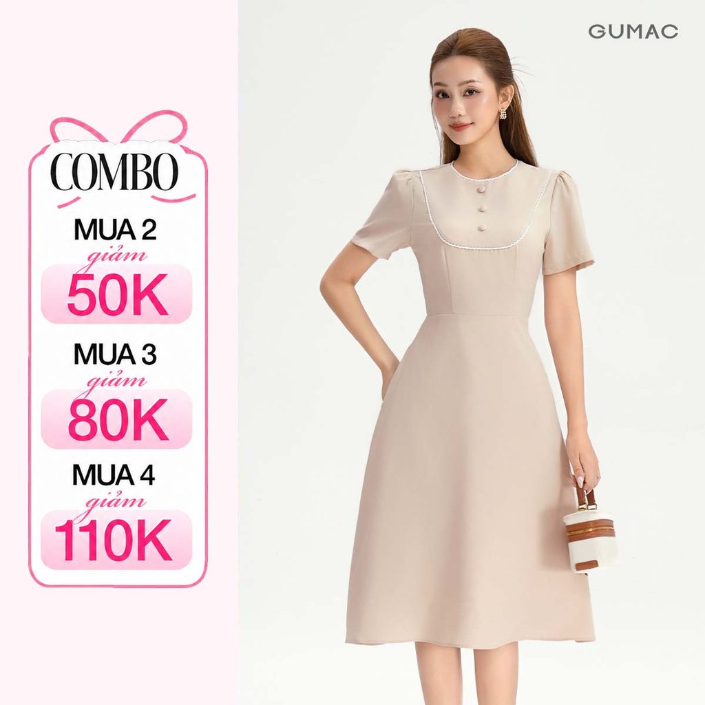 Đầm Nữ Dáng A Xòe GUMAC Cổ Tròn Tay Ngắn Phối Viền Ren Đính Nút Trang Trí Có Túi Sườn LDG0402