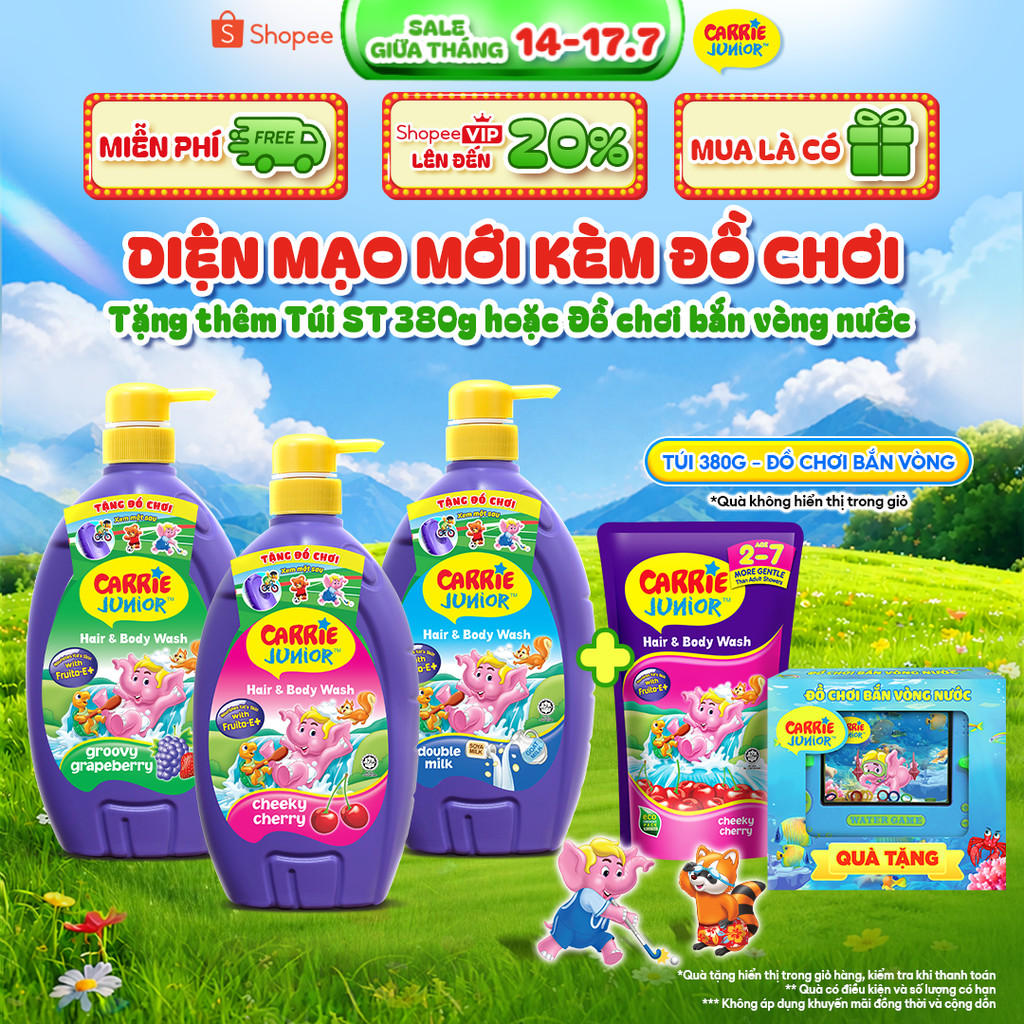 [MỚI-Tặng đồ chơi bắn vòng nước] Sữa Tắm Gội thành phần thiên nhiên Sạch Dịu Nhẹ & ẩm mịn Cho Bé Carrie Junior 700g
