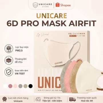UNICARE Combo 50 Cái Khẩu Trang 6D Unicare Pro Mask 3 Lớp Kháng Khuẩn Than Hoạt Tính 6 Màu Thời Trang