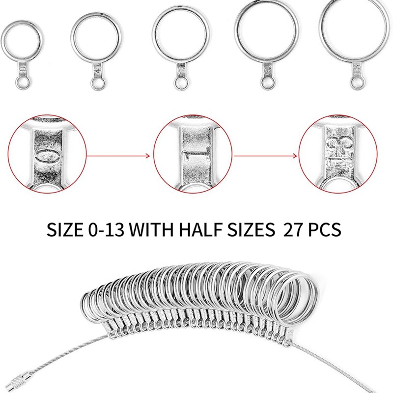 Bộ dụng cụ đo kích thước nhẫn Ring Sizer, vòng nhựa Mandrel, băng đo ngón tay tái sử dụng 1-17 USA, có nửa size