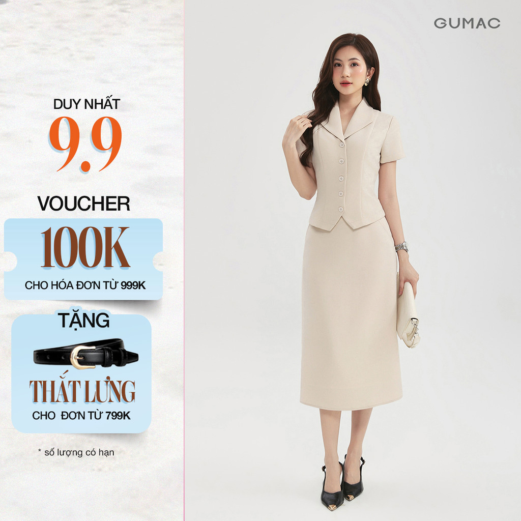 Set lẻ Áo nữ GUMAC peplum cổ sam tay ngắn tôn dáng LAG0106 - Chân váy nữ GUMAC dáng A một lớp LVG0105
