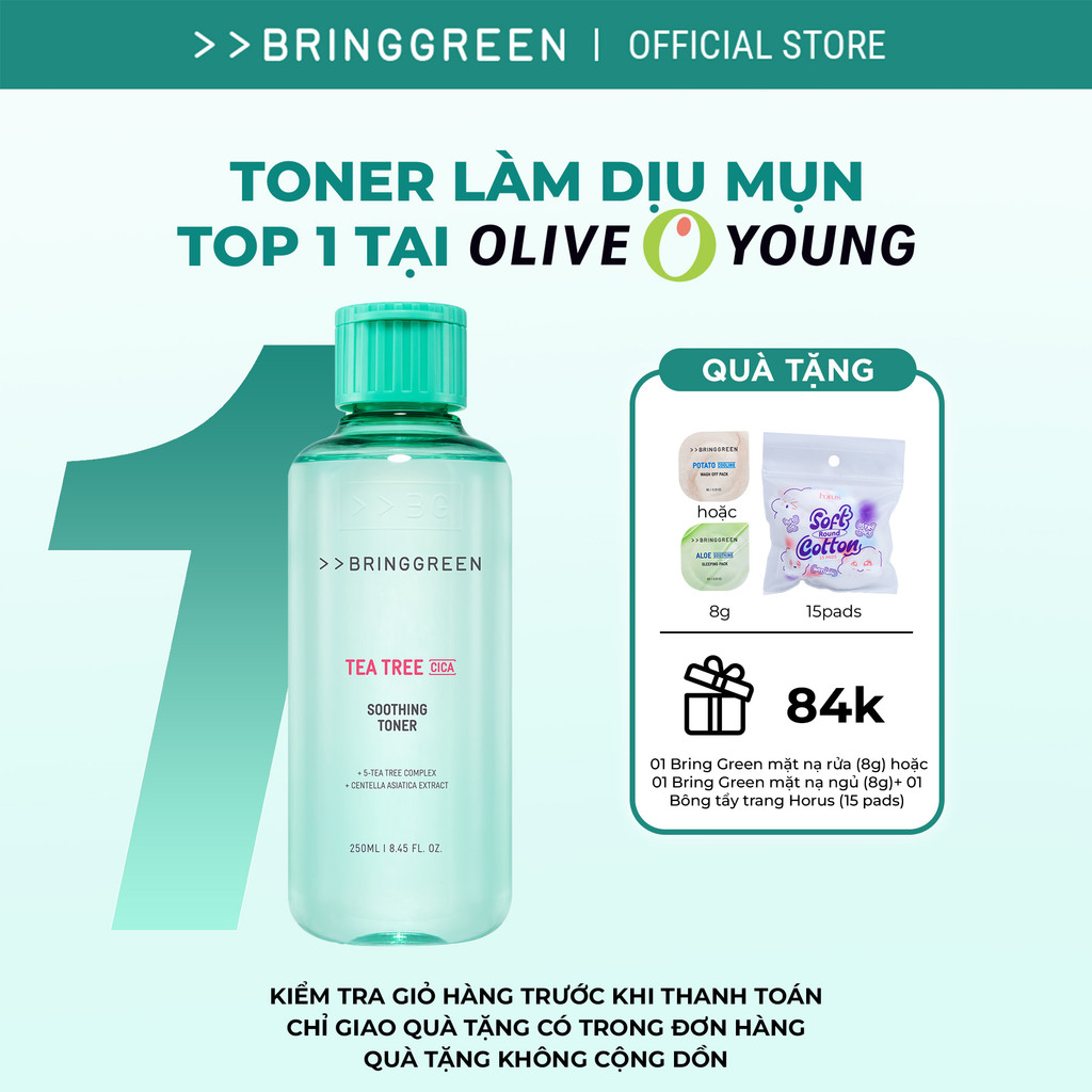 [Bring Green Chính hãng] Nước hoa hồng Tràm Trà Bring Green Tea Tree Cica Soothing Toner 250ml