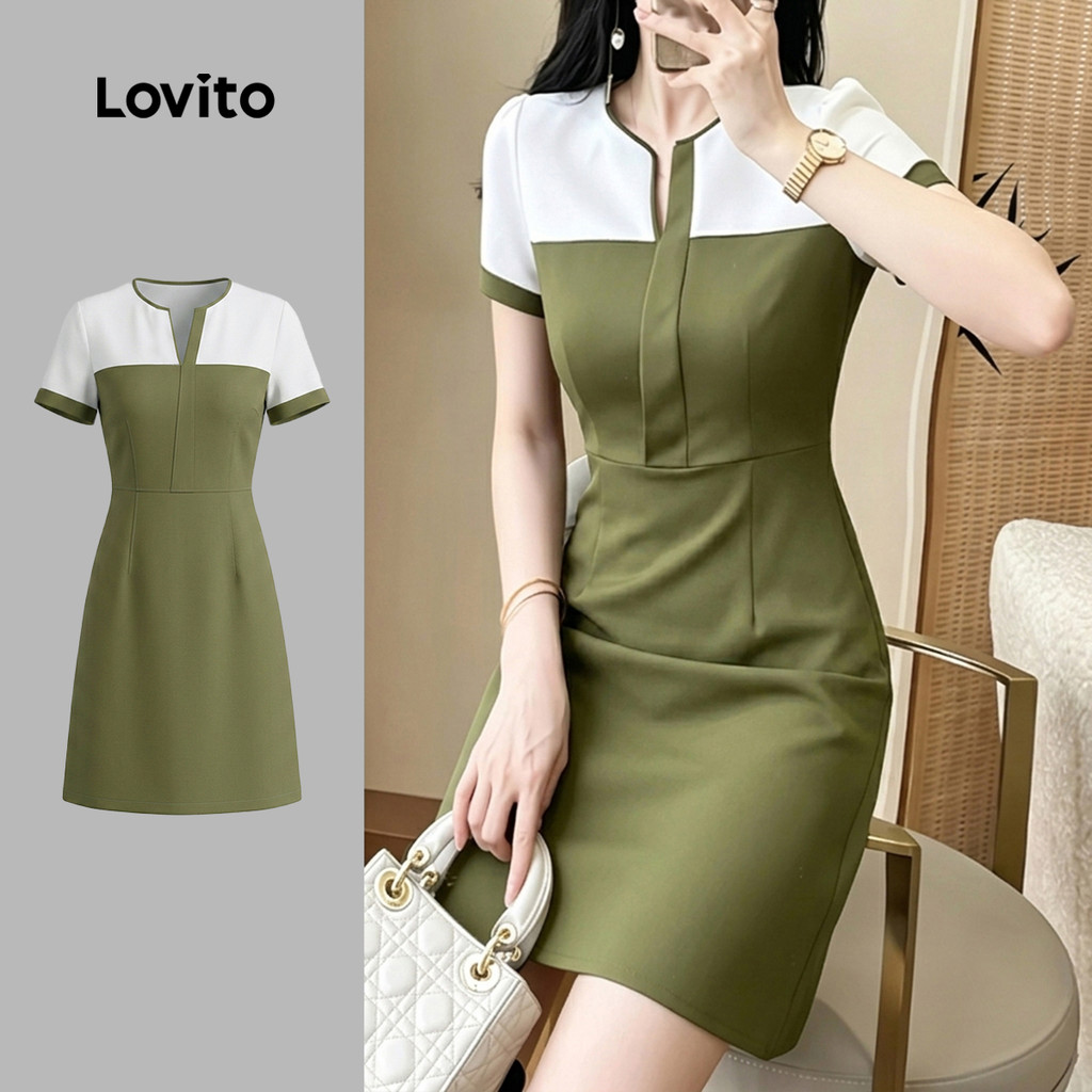 (New Arrival) Lovito Đầm thanh lịch màu sắc đối lập vải ghép xuân hè xanh ô liu cho nữ DRK8P2D550
