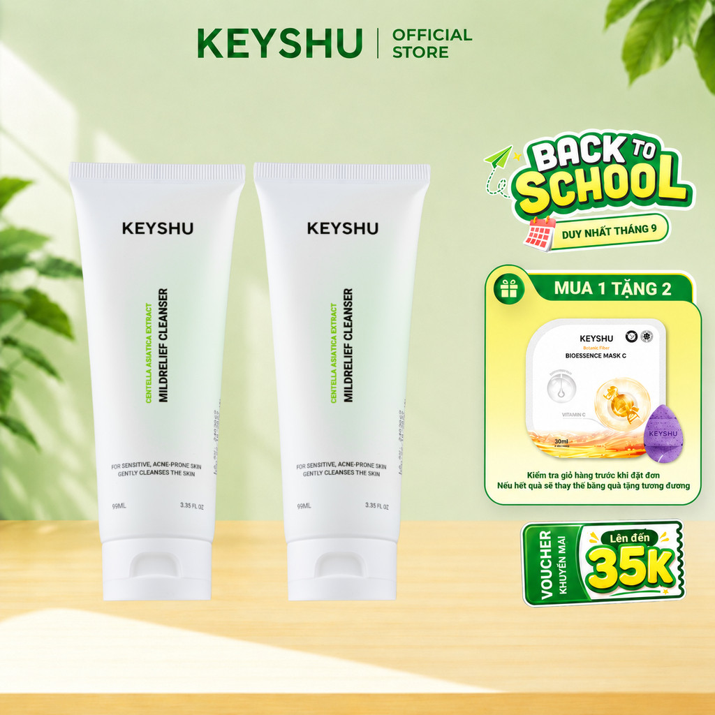 [KOL] Combo 2 Sữa Rửa Mặt Mildrelief Cleanser KEYSHU Chiết Xuất Rau Má 99ml Tặng Mút Rửa Mặt