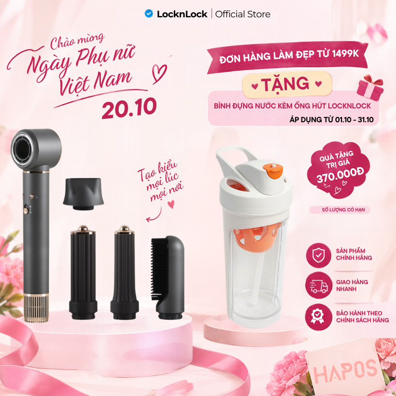 Máy sấy tóc ION âm tạo kiểu LocknLock Chính hãng, 5 loại đầu sấy, giảm xơ rối Multi Hair Dryer ENA426GRY- HAPOS LOF