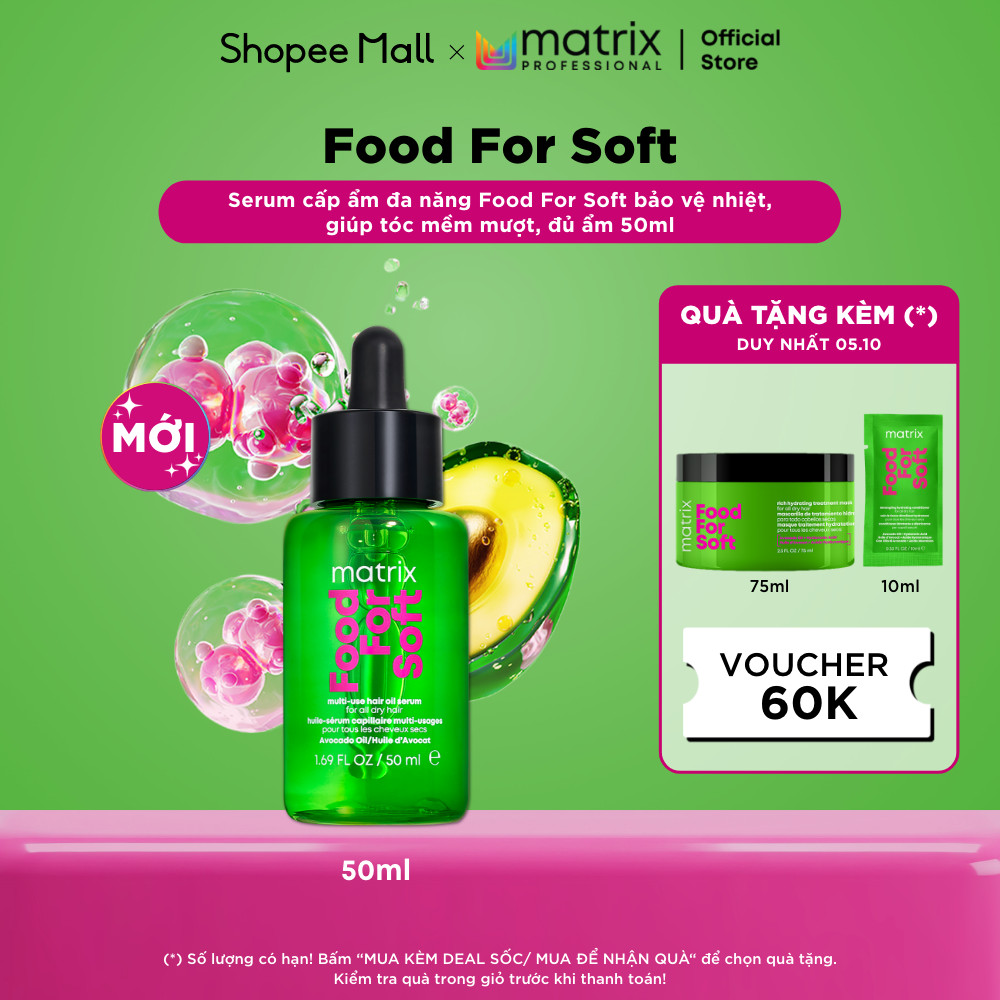 Serum cấp ẩm đa năng MATRIX Food For Soft, cho mọi loại tóc, giúp bổ sung độ ẩm, tóc mềm mượt, bảo vệ nhiệt - 30ML/50ML