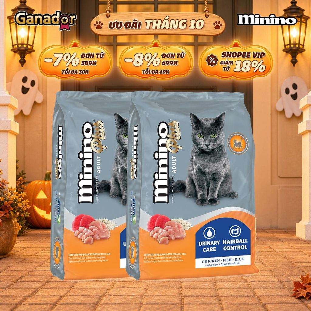 Combo 2 x Thức ăn hạt Minino Plus cho mèo vị Gà, Cá, Gạo 1.5kg