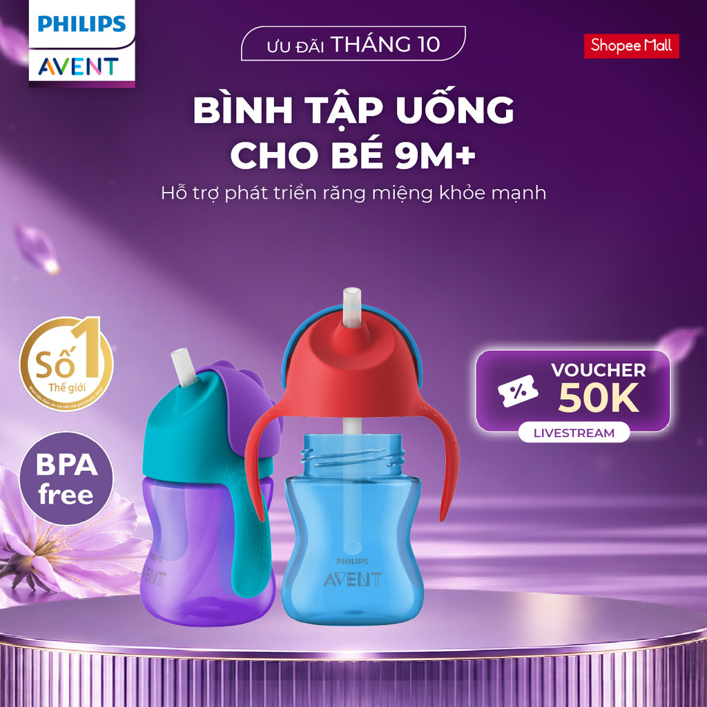[GIAO MÀU NGẪU NHIÊN] Bình Tập Uống Cho Bé Từ 9 Tháng 200ml Philips Avent Có Ống Hút Silicon Mềm An Toàn