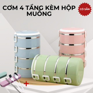 Hộp Đựng Cơm Văn Phòng Giữ Nhiệt 4 Tầng, Cặp Lồng Đựng Cơm Bằng Lúa Mạch Lõi Inox Cao Cấp Tiện Dụng kèm đũa muỗng
