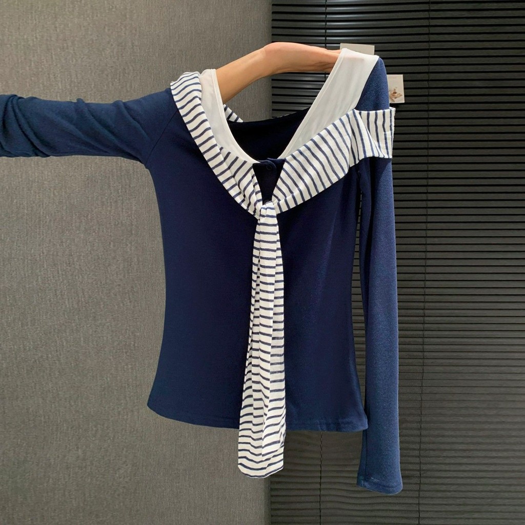 Milyfashion Preppy Phong Cách Hải Quân Cổ Sọc Ruy Băng Áo Thun Dài Tay Phong Cách Mới Đầu Thu Kỳ Nghỉ Hai Mảnh Quần Áo Nữ