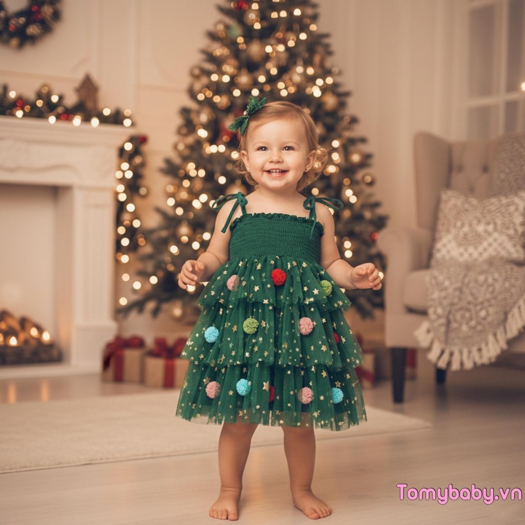 Bé Gái Tập Đi Giáng Sinh Một Dòng Đầm In Hình Ngôi Sao Không Tay Dây Buộc Dây Đeo Smocked Tulle Bánh Váy