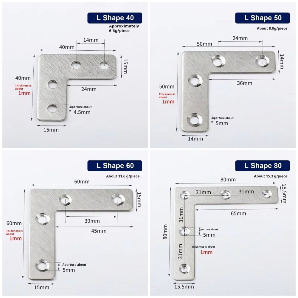 SHUPUN 10 Cái Giá Đỡ Góc, 40 / 50 / 60 / 80mm 90° Tấm kết nối góc phải, Phụ kiện phần cứng bằng thép không gỉ loại chữ L loại T