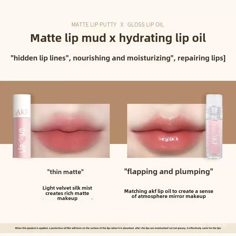 AKF Lip Mud Matte Lipstick Màu Khỏa Thân Làm Trắng Đế Chống Dính Học Sinh Nước Bóng Gương Son Bóng J97K