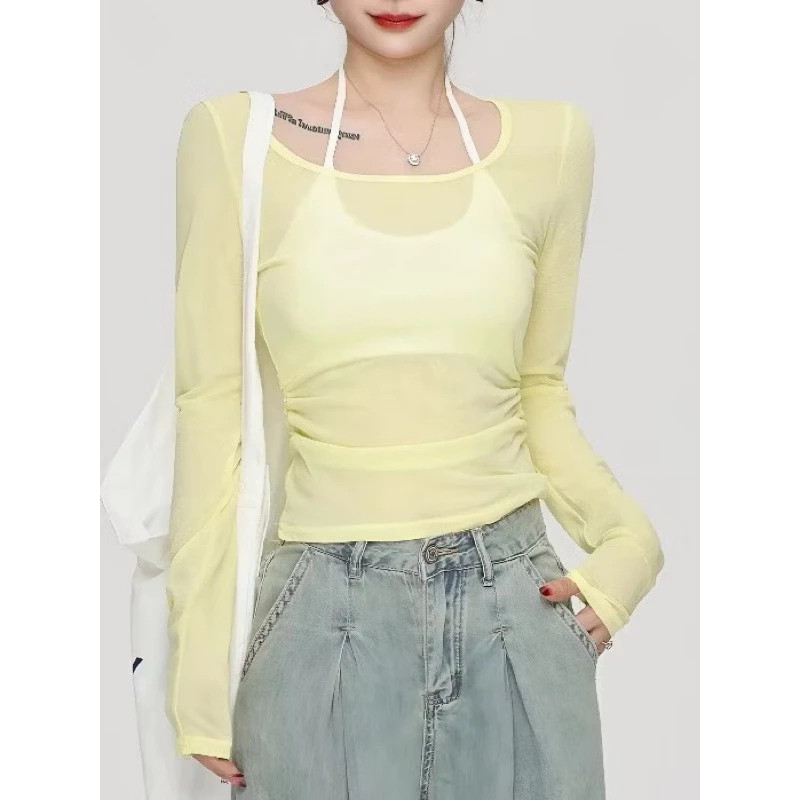 SET Áo Thun Giấy Dài Tay Xuyên Thấu Kèm Áo Bra, Áo Kiểu Nữ Gợi Cảm Đi Biển Hot Trend_SET010