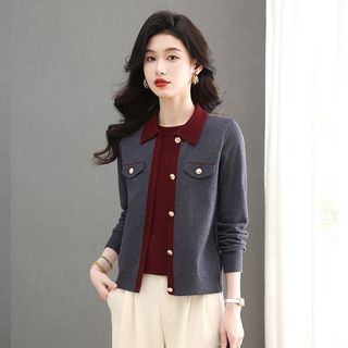Áo len nữ dáng giả hai mảnh rời ôm body, phong cách Hàn Quốc, cổ áo Polo