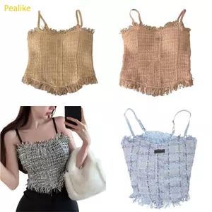Pealike Nữ Spaghetti Dây Crop Phù Hợp Với Áo Bé Gái Tua Rua Cami Màu Trơn Xe Tăng Cho Dạo Phố