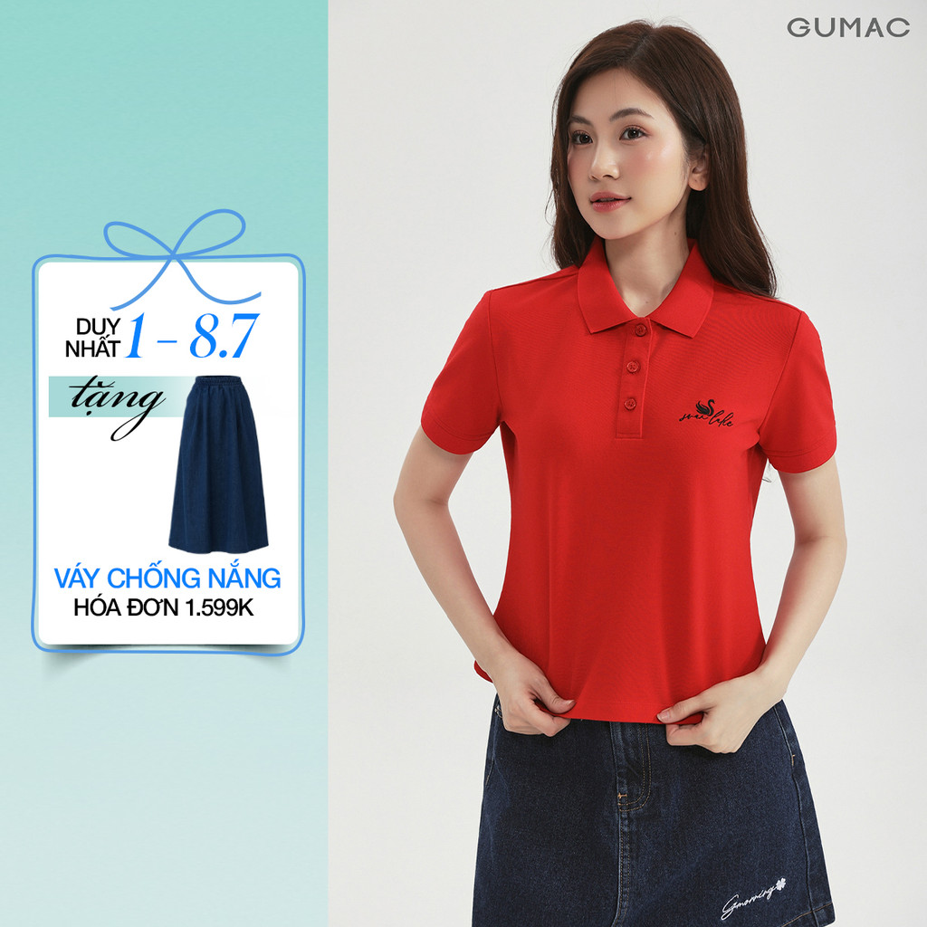 Áo polo nữ GUMAC form ôm nhẹ đọ dài lửng phía trước thêu hình chim thiên nga APF12011