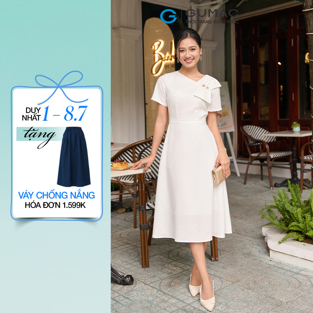 Đầm Nữ Form A GUMAC Cổ Xéo Cách Điệu Đính Nơ 2 Lớp Tuyết Mưa Cao Cấp Tôn Dáng DF08014