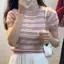 Mùa hè Mới Thời Trang Sọc Tay Ngắn Màu Trơn Đa Năng Giảm Tuổi Giảm Béo Dệt Kim Top Áo Thun VN