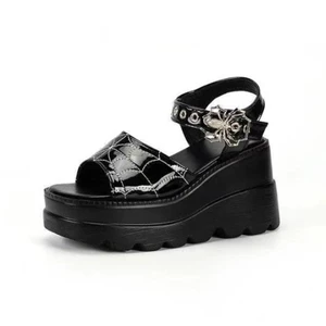 Mùa Hè Phong Cách Mới Gothic Đế Dày Dép Punk Phong Cách Hot Girl 9cm Nhện Thêu Mạng Nhện Khóa Nhện Giày Nữ Châu Âu Mỹ Size Lớn Giày Nữ20260616