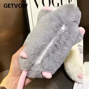 GETVOW Bút Chì Động Vật, Họa Tiết Lông Mềm Mại Sang Trọng Lạ Mắt Chuột Bút Chì, Túi Đựng Bút 20CM Dây Kéo Bút Đồ Dùng Học Tập