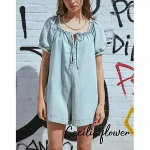 Áo liền quần Denim tay ngắn dáng rộng thông thường dành cho nữ