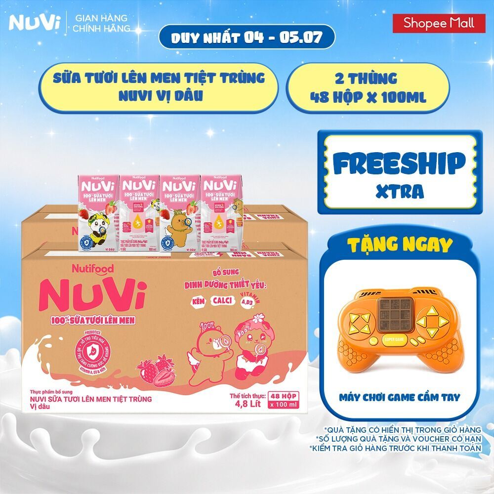 Combo 2 Thùng 48 Hộp Sữa Tươi Lên Men Tiệt Trùng Nuvi vị Dâu 100ml