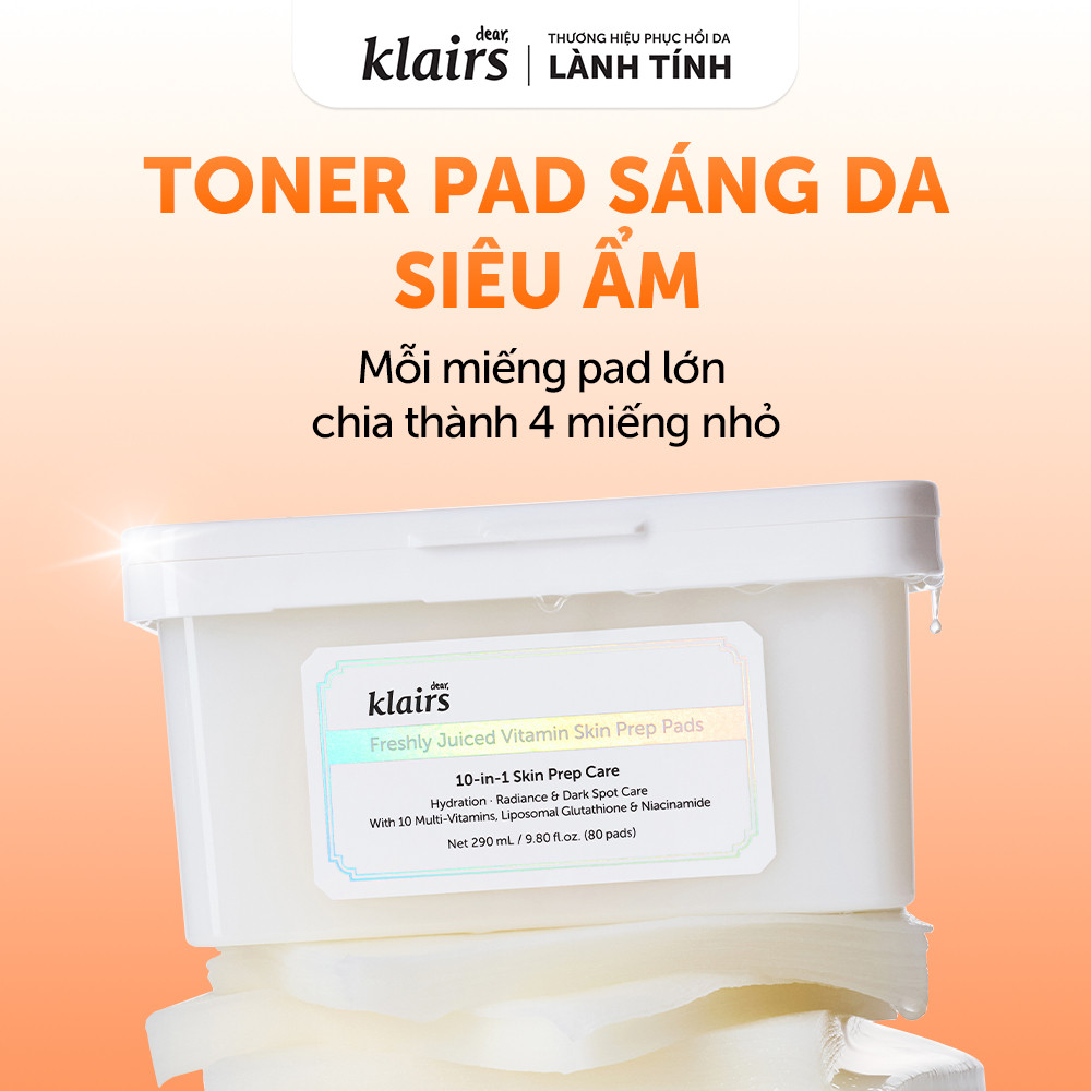 Mặt nạ giấy Dear, Klairs Freshly Vitamin Skin Prep Pads hỗ trợ sáng da, mờ thâm 290ml [FS]