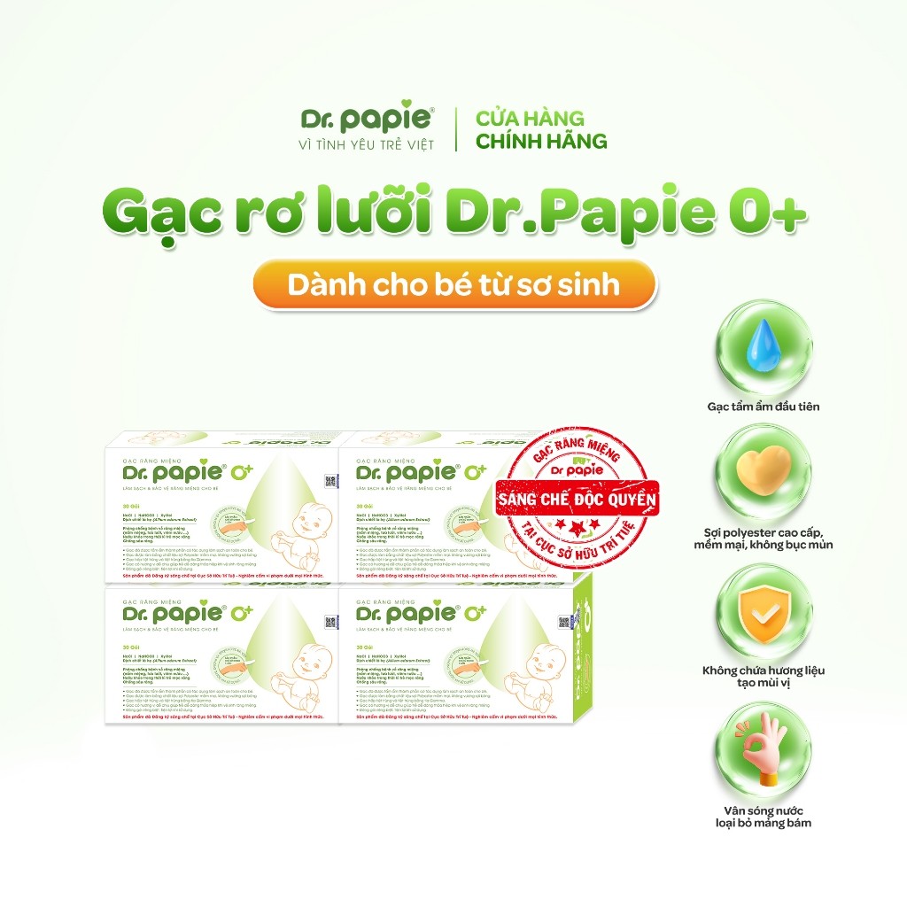 Combo 4 Gạc Rơ Lưỡi Làm Sạch Răng Lưỡi Nướu Công Thức Sáng Chế Độc Quyền Dr.Papie 0+ Ngừa Tưa Lưỡi Nấm Miệng